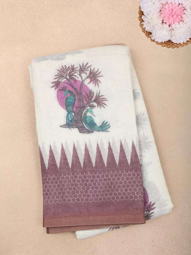 White Peacock Printed Linen Cotton Saree With Contrast Mauve Border 1