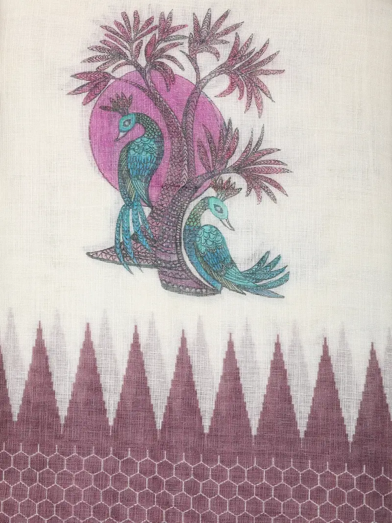 White Peacock Printed Linen Cotton Saree With Contrast Mauve Border 2