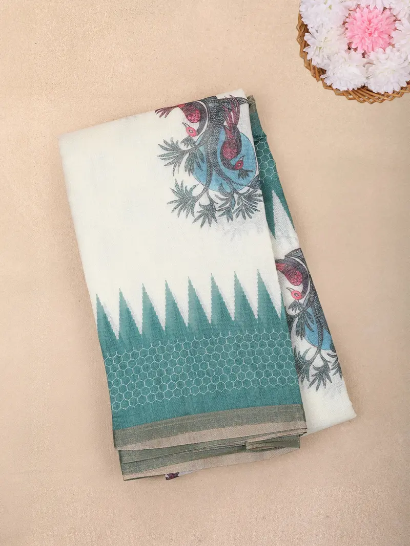 White Peacock Printed Linen Cotton Saree With Contrast Teal Border 1