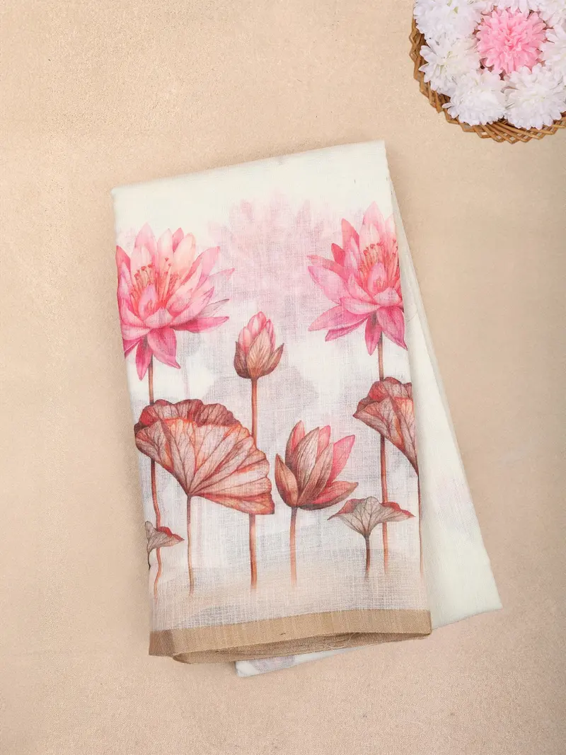 White Pink Lotus Printed Linen Cotton Saree With Subtle Beige Border 1