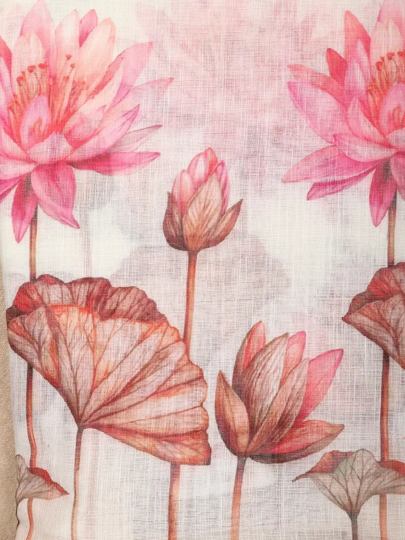 White Pink Lotus Printed Linen Cotton Saree With Subtle Beige Border 2