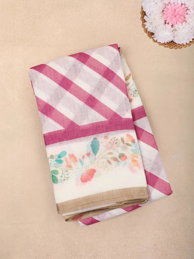 White Pink Stripes Printed Linen Cotton Saree With Floral Border 1