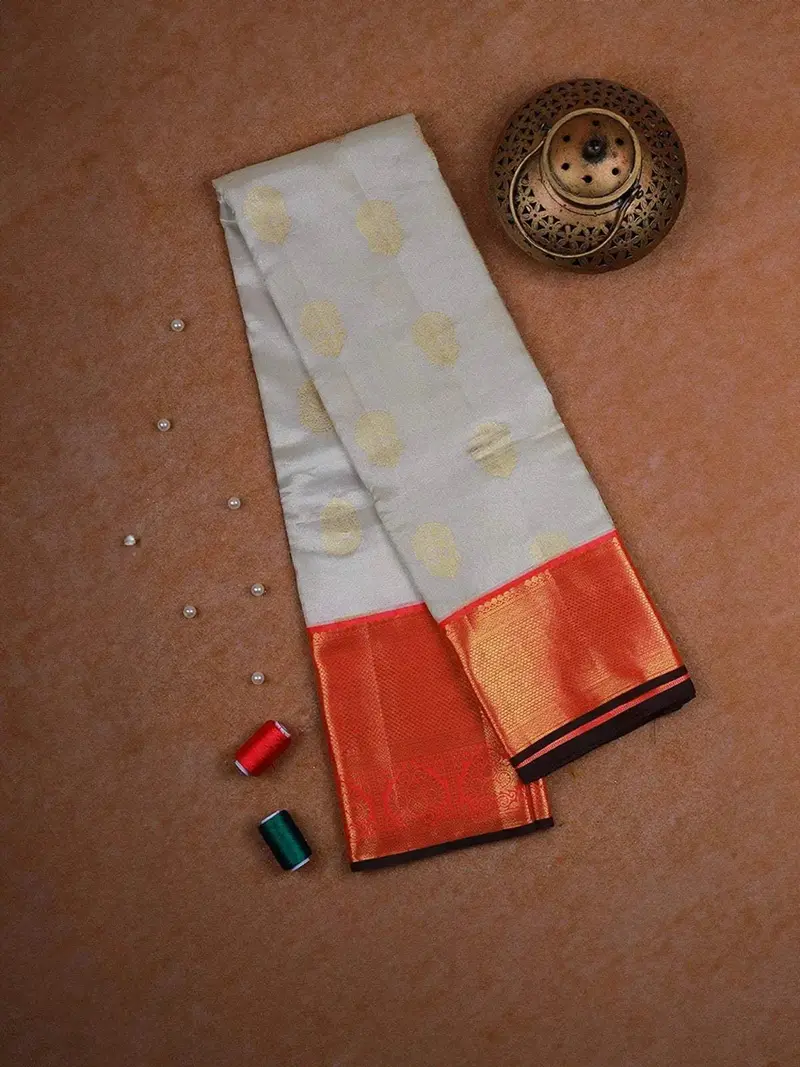 White Pure Kanchipuram Bridal Silk Saree With Floral Motifs On The Body With Korvai Border 1