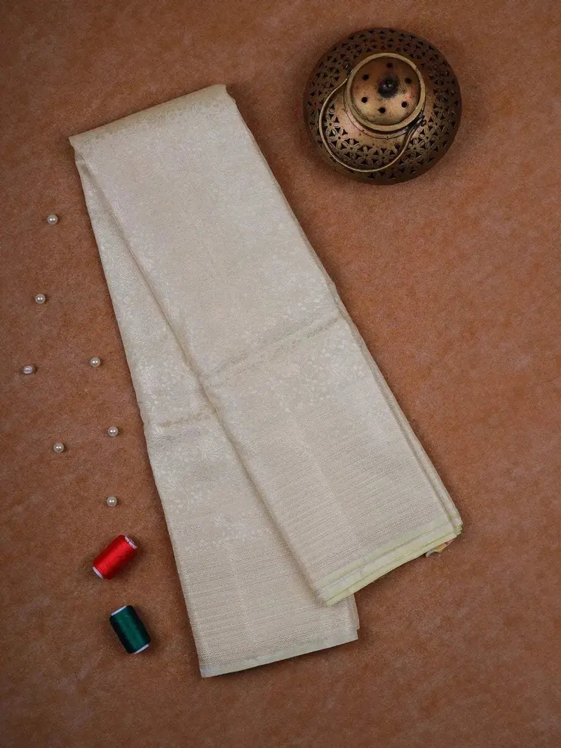 White Pure Kanchipuram Bridal Silk Saree With Floral Motifs On The Body With Matching Border 1