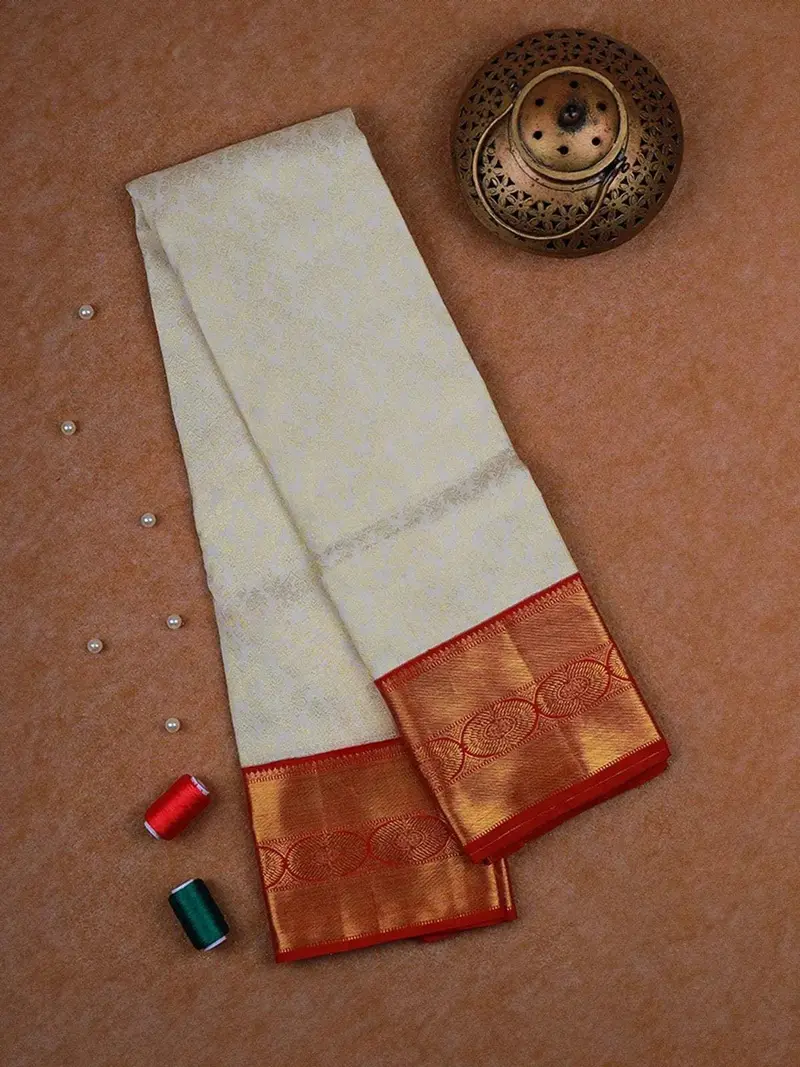 White Pure Kanchipuram Bridal Silk Saree With Flower Motifs On The Body With Korvai Border 1