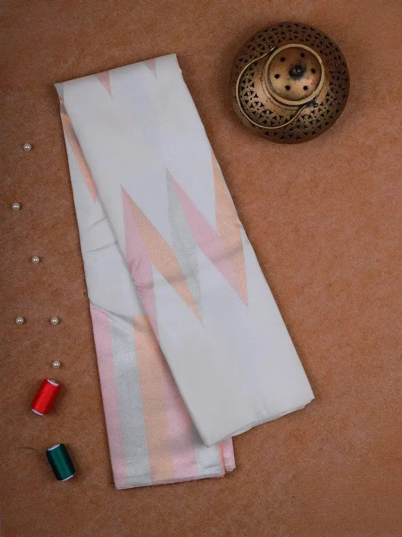 White Pure Kanchipuram Silk Saree With Chevron Design On The Body Without Border 1