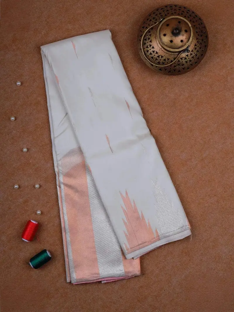 White Pure Kanchipuram Silk Saree With Malli Moggu Butta On The Body Temple Pattern Border 1