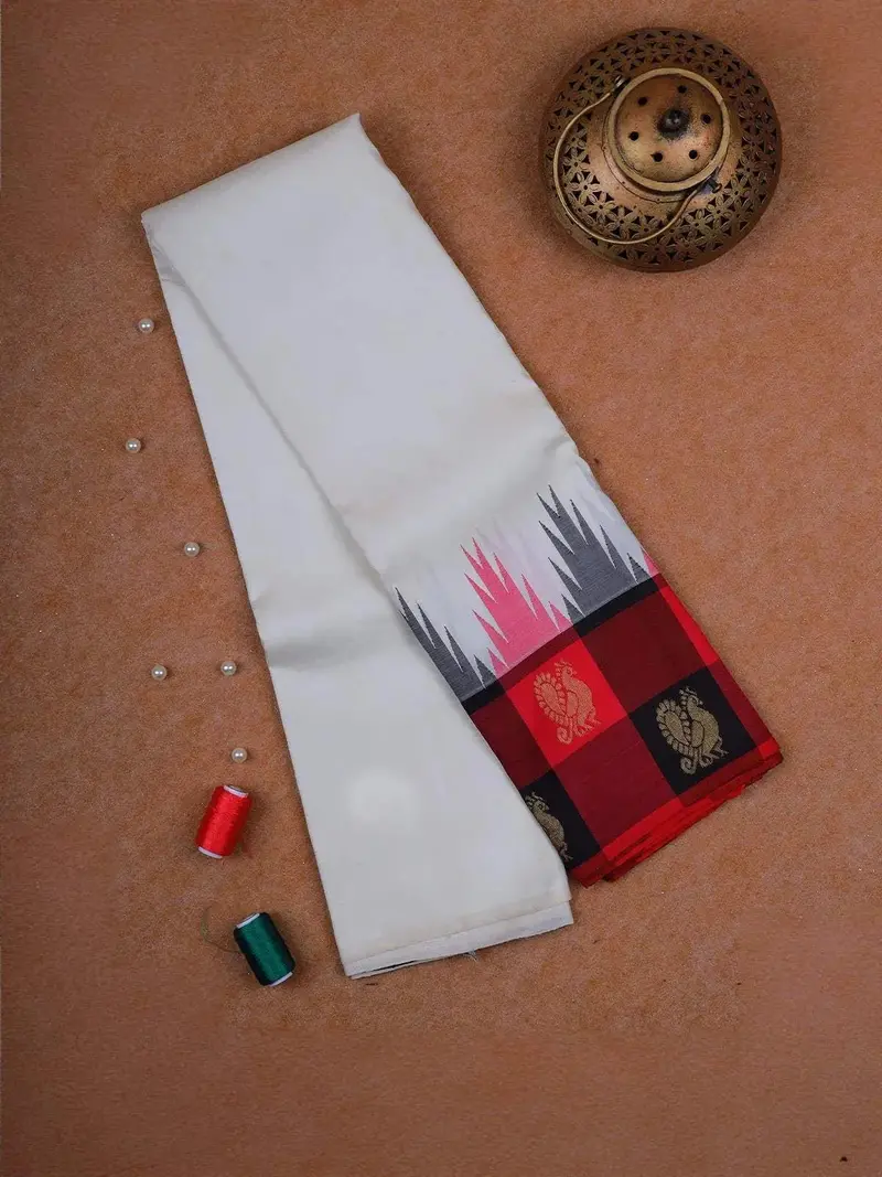 White Pure Kanchipuram Silk Saree With Plain Design On The Body With Peacock Border 1