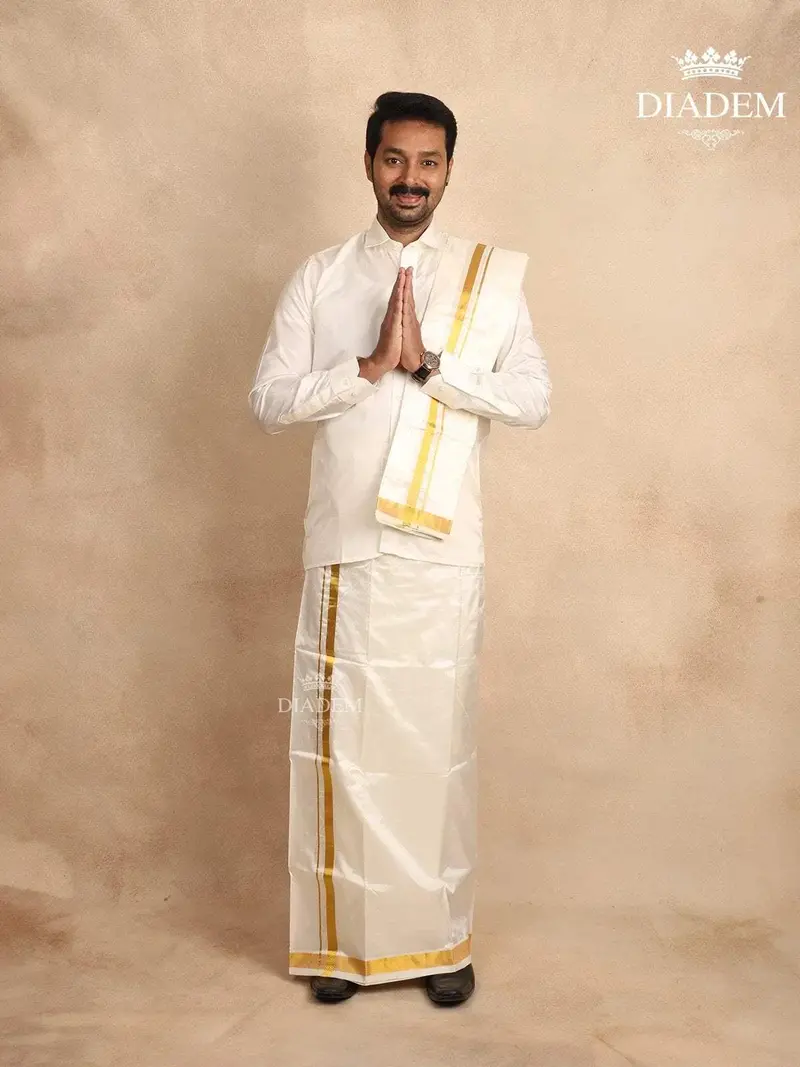 White Pure Silk Dhoti With Shirt, Paired With Towel 1