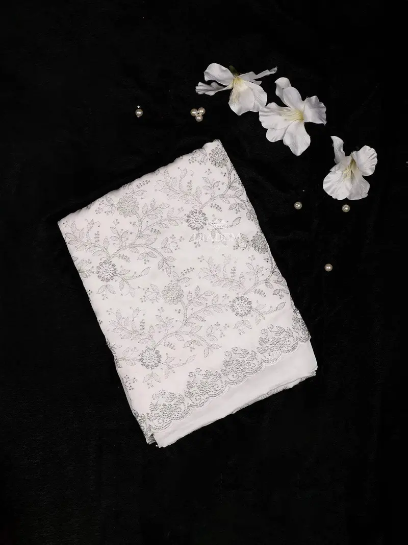 White Satin Bridal Saree With Beads And Floral Design And Design Border 1