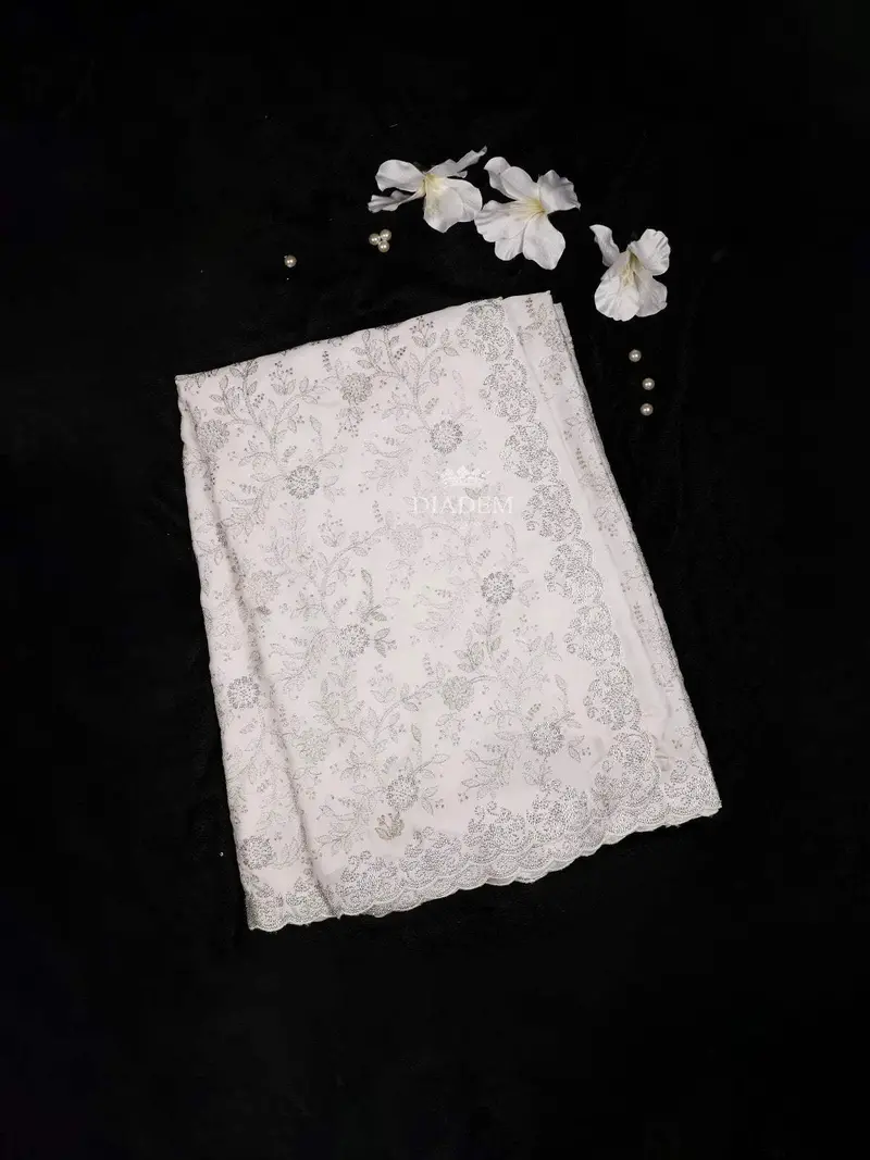 White Satin Bridal Saree With Beads And Floral Design And Design Border 2