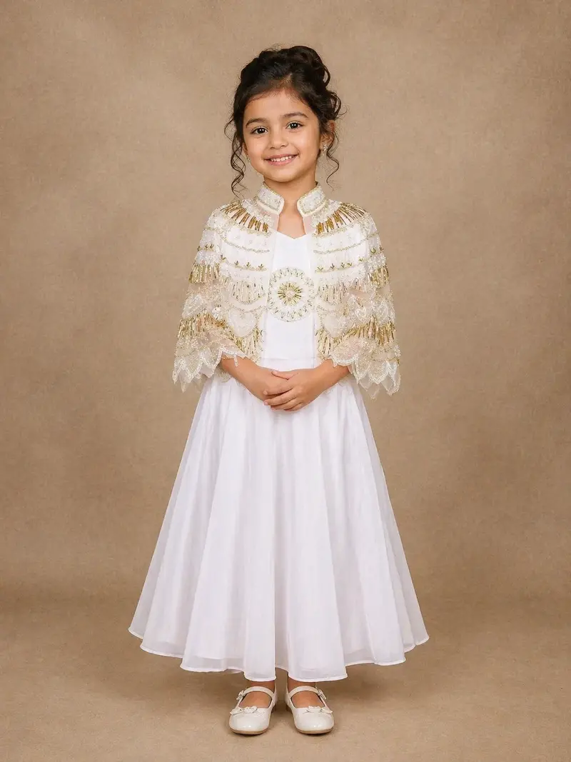 White Satin Kids Palazzo Suit With Golden Bead Embroidered Cape 1