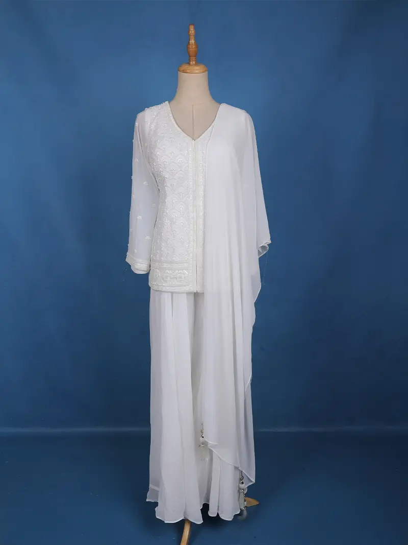 White Sequin Design Georgette Palazzo Suit 1