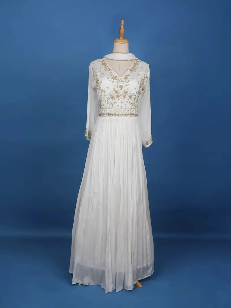 White Sequins And Floral Embroidery Crepe Gown 1