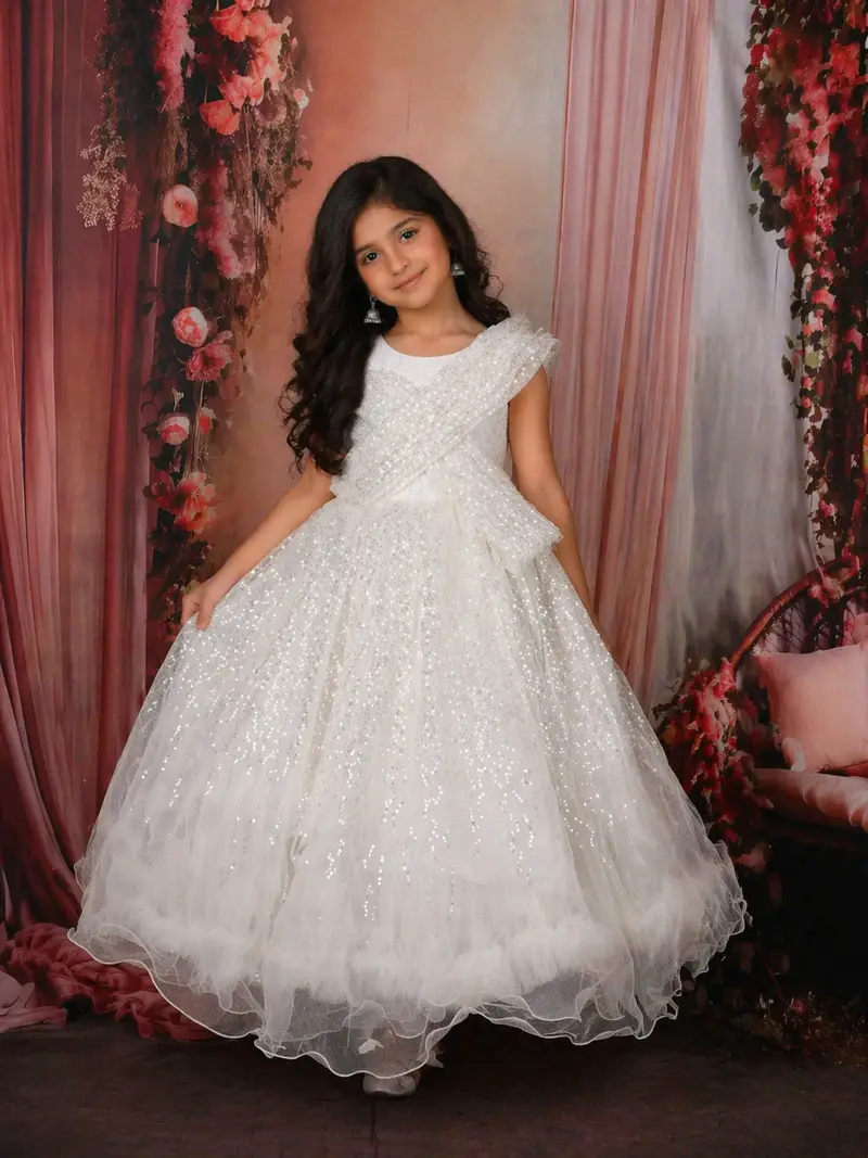 White Sequins Embellished Net Party Wear Kids Gown 1