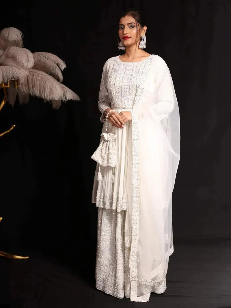 White Sequins Embroidered Georgette Palazzo Salwar Suit 1