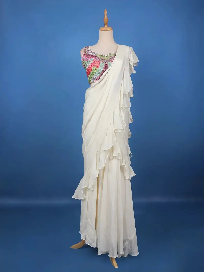 White Solid Design Ruffle Drape Cotton Ready To Wear Saree 1