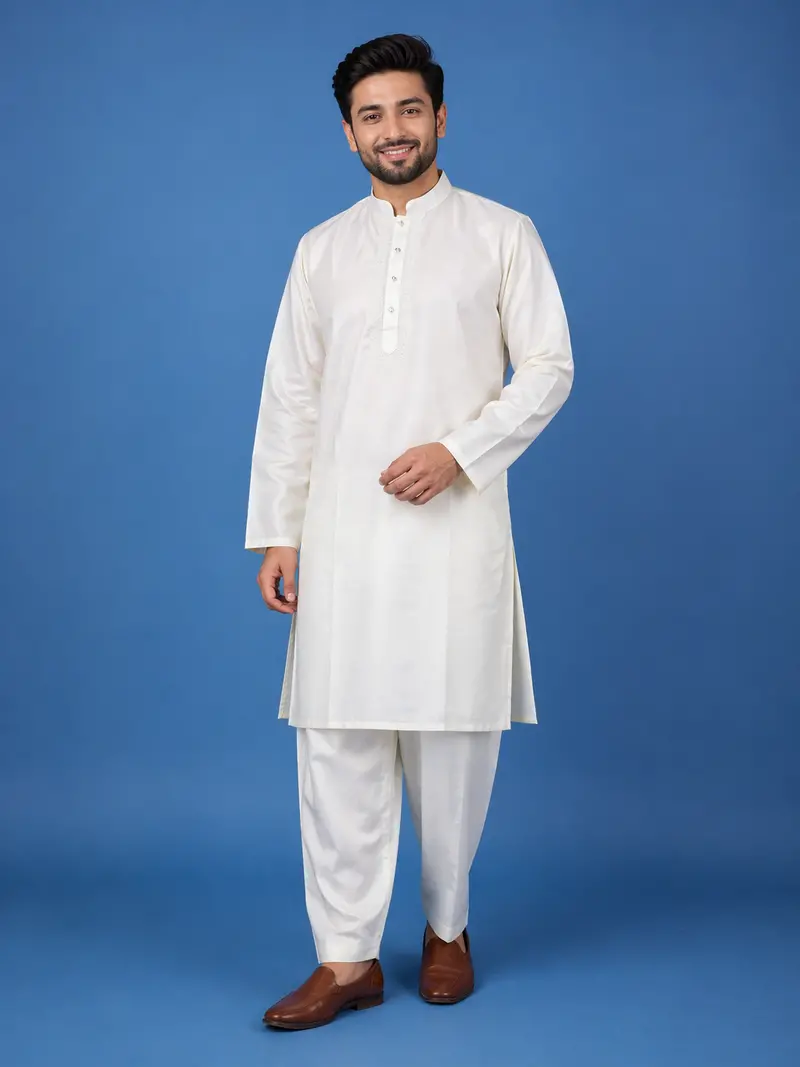White Solid Silk Kurta For Men 1