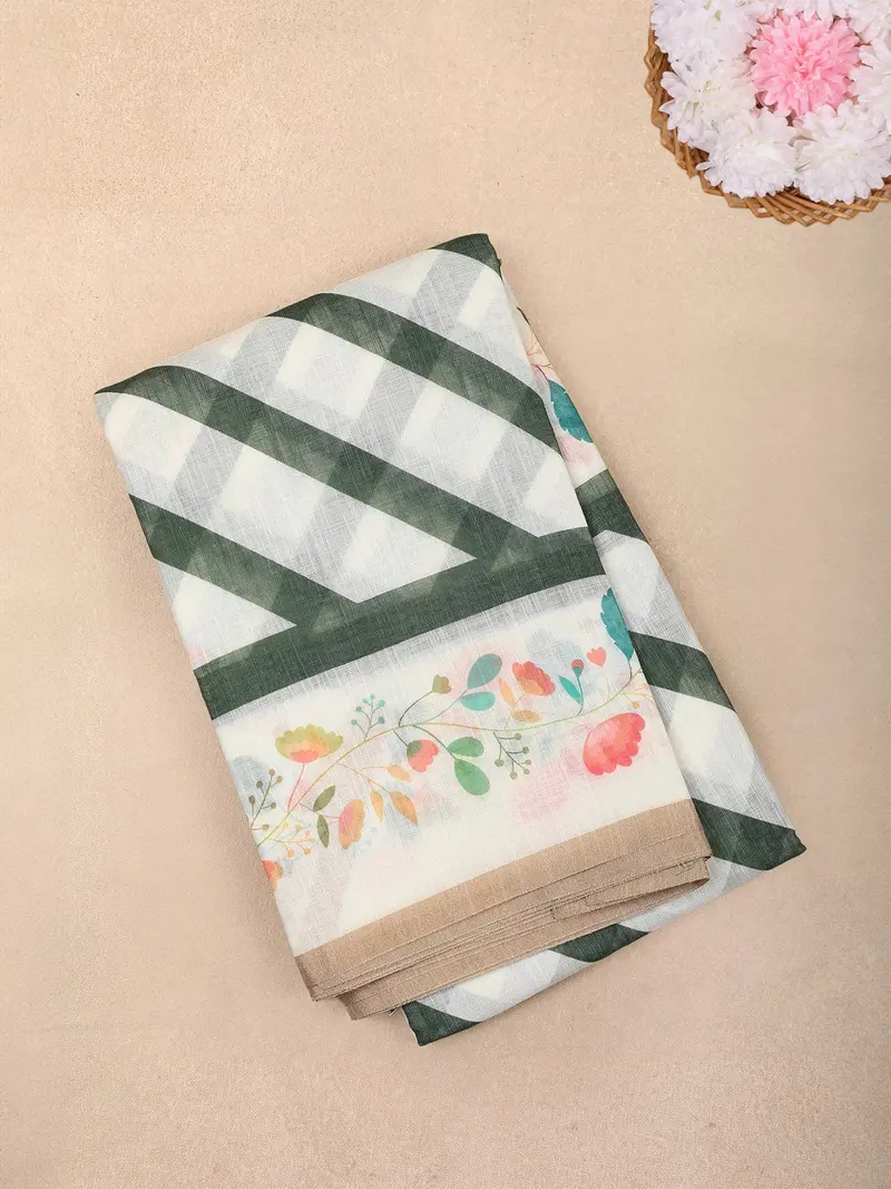 White Stripes And Floral Printed Linen Cotton Saree With Border 1