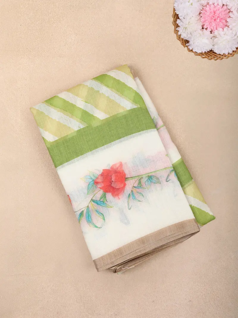 White Stripes Printed Linen Cotton Saree With Contrast Floral Border 1