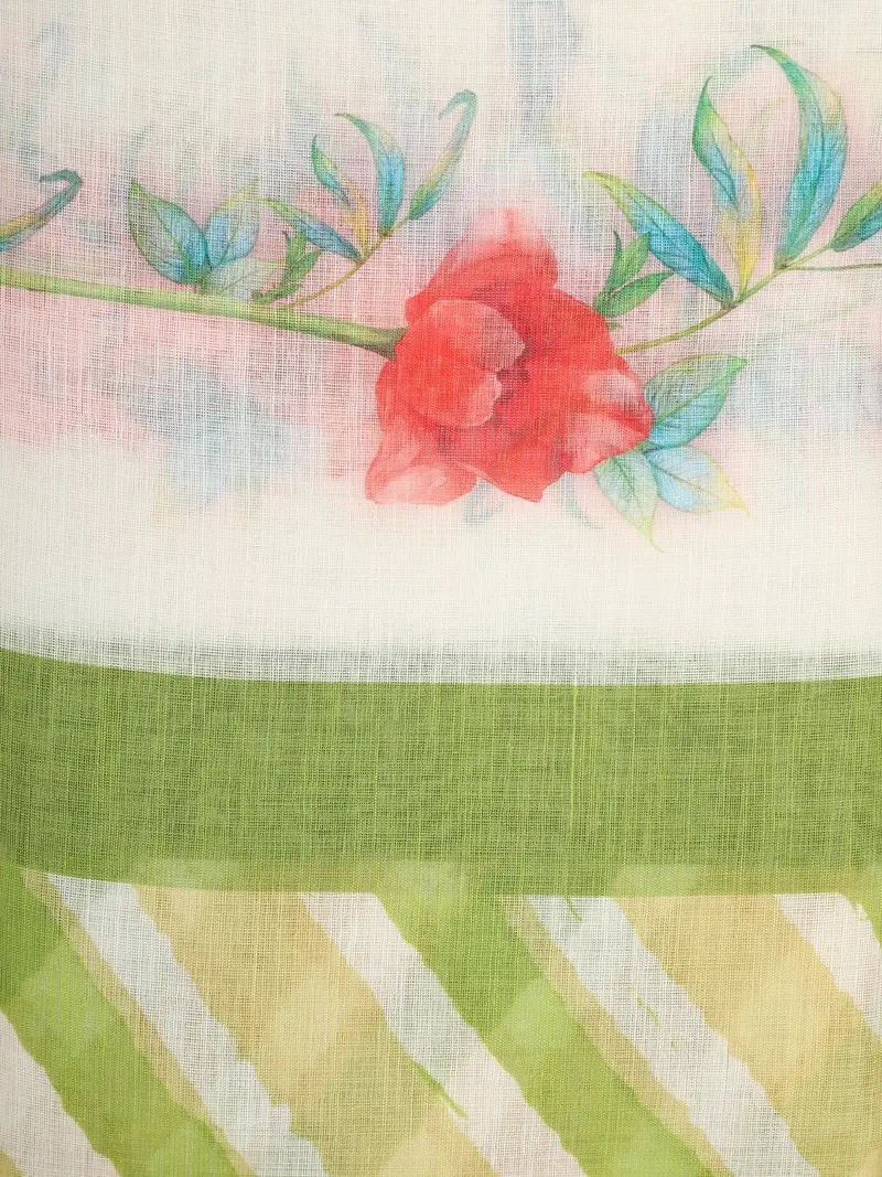 White Stripes Printed Linen Cotton Saree With Contrast Floral Border 2