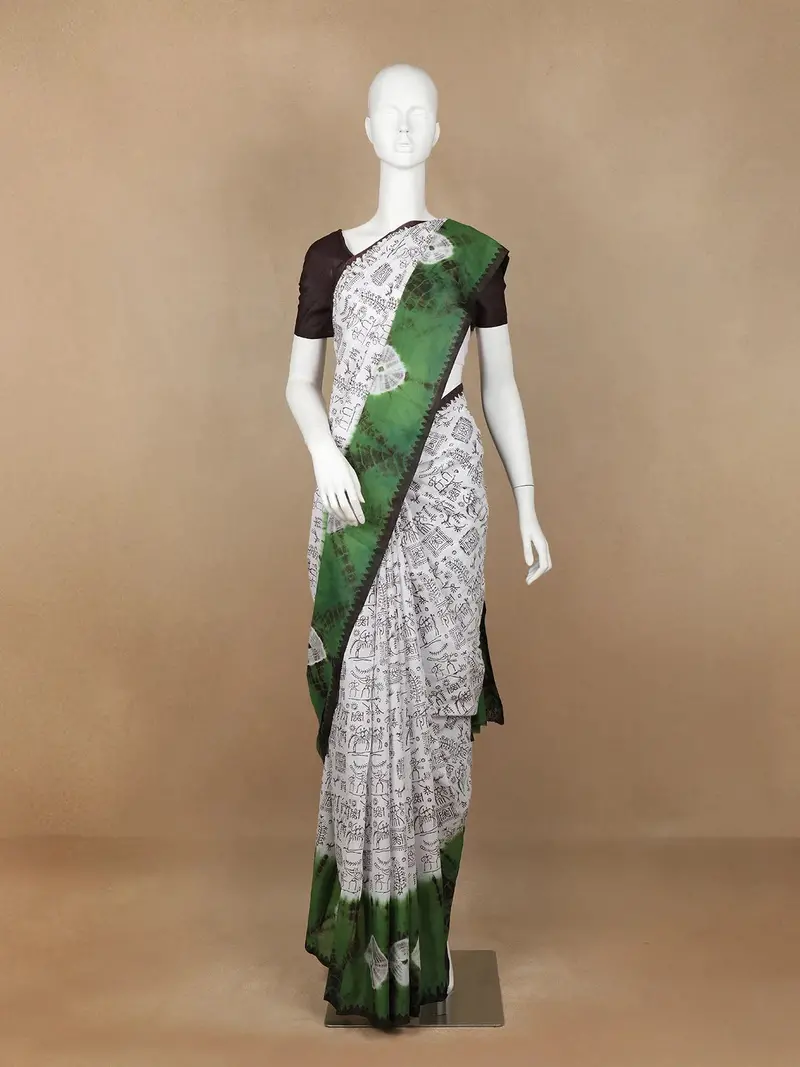 White Warli Designed Cotton Saree 1