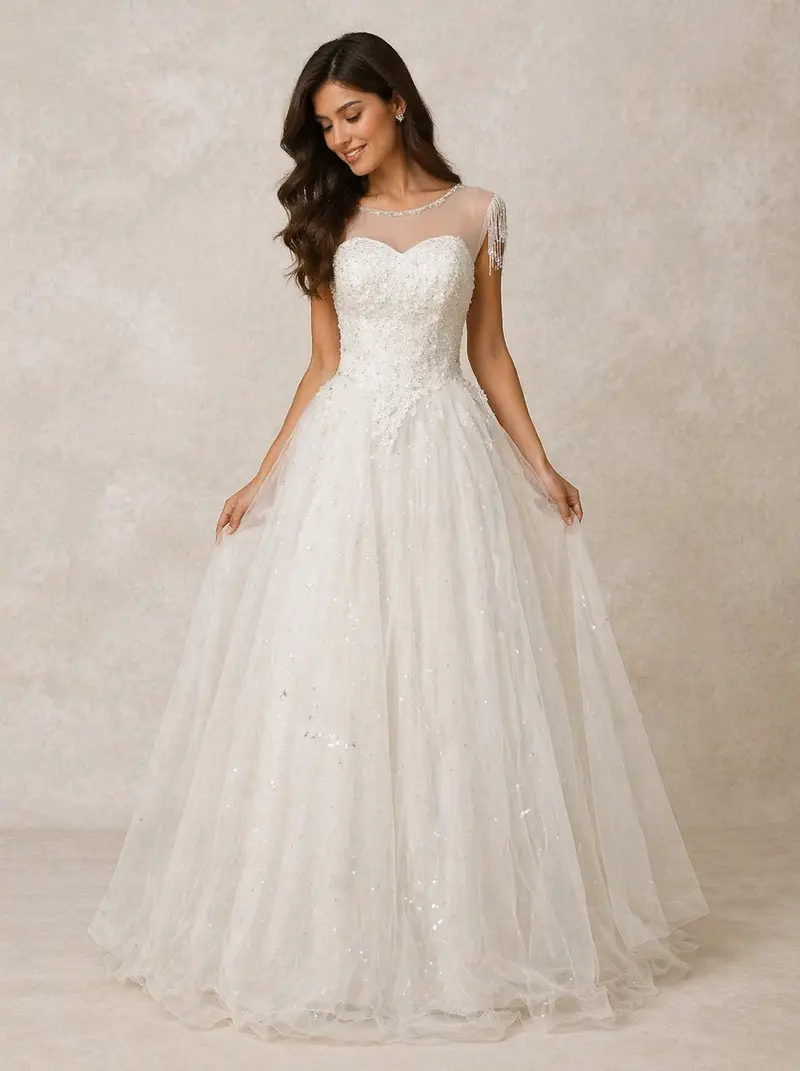 White Wedding Net Gown Adorned With Sequins 1