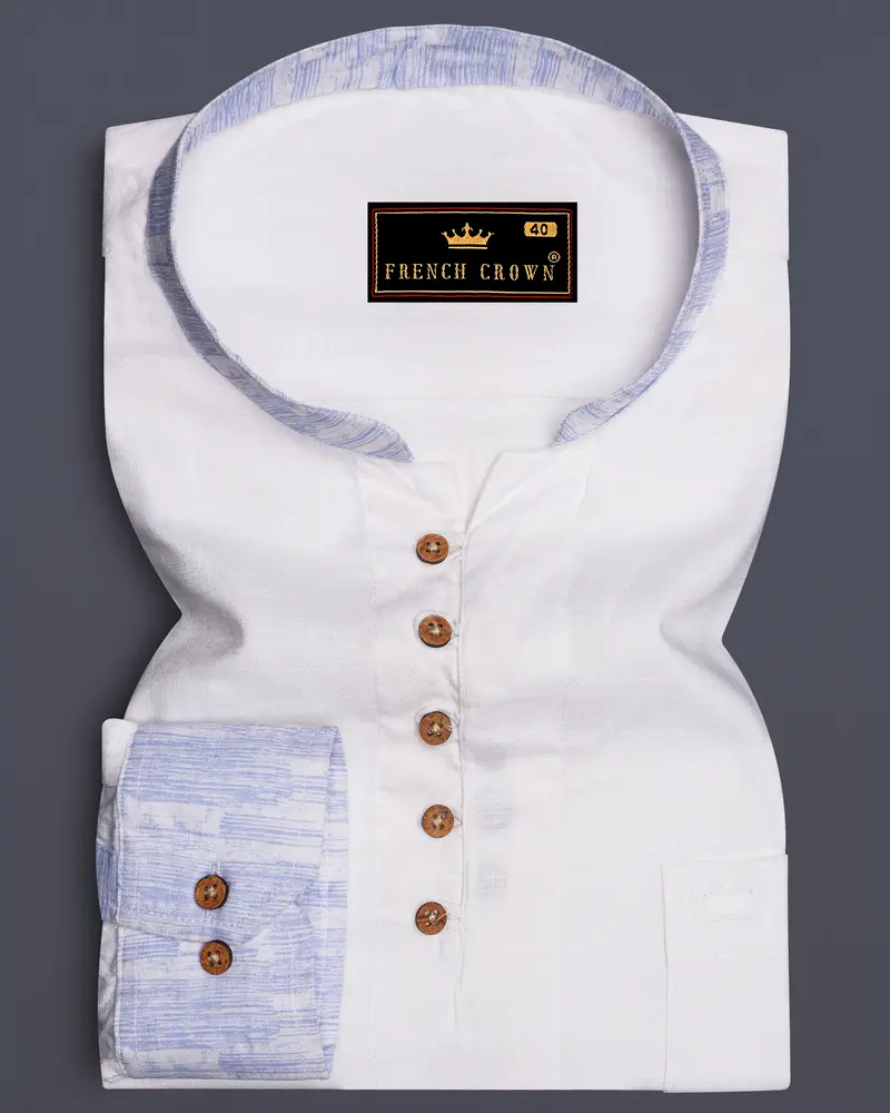 White With Lilac Cuff-Collar Luxurious Linen Kurta Shirt 1