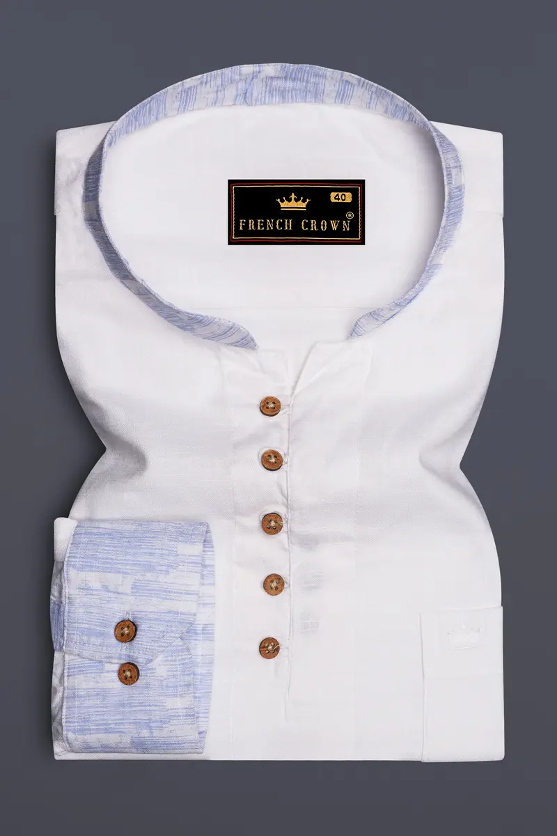 White With Lilac Cuff-Collar Luxurious Linen Kurta Shirt 2