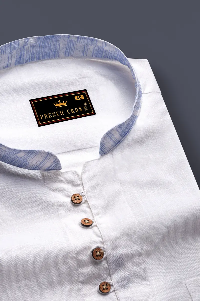 White With Lilac Cuff-Collar Luxurious Linen Kurta Shirt 4