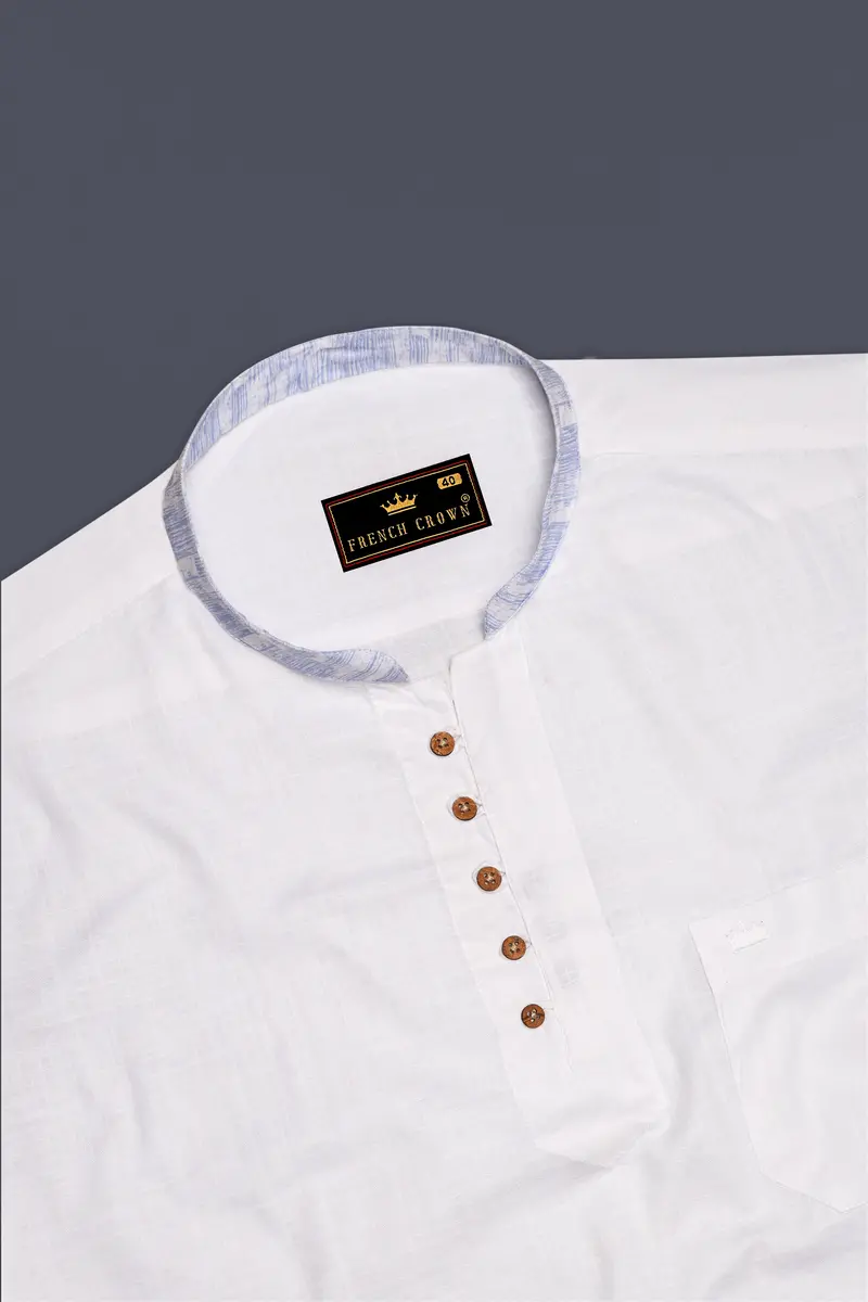 White With Lilac Cuff-Collar Luxurious Linen Kurta Shirt 5