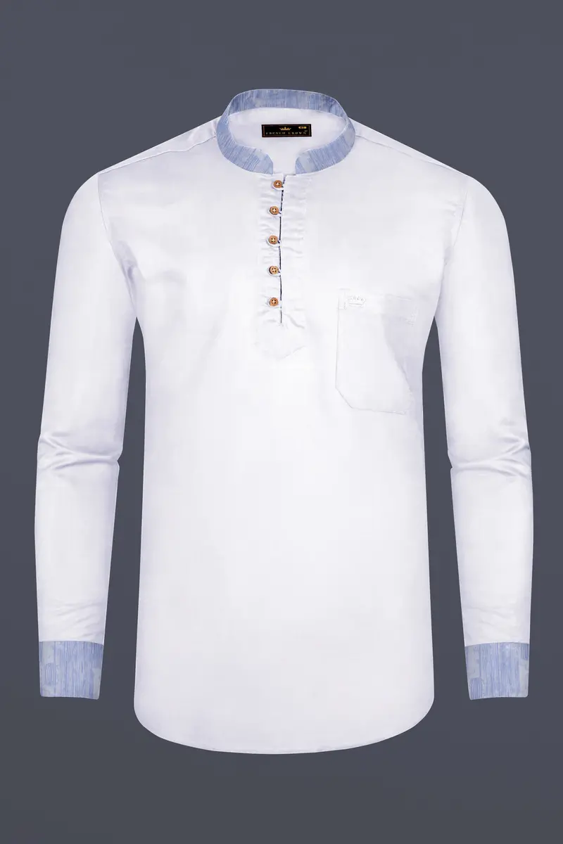 White With Lilac Cuff-Collar Luxurious Linen Kurta Shirt 6