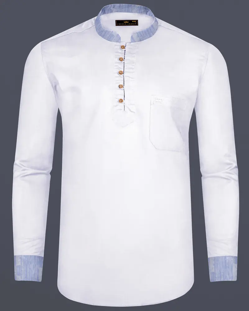 White With Lilac Cuff-Collar Luxurious Linen Kurta Shirt 8