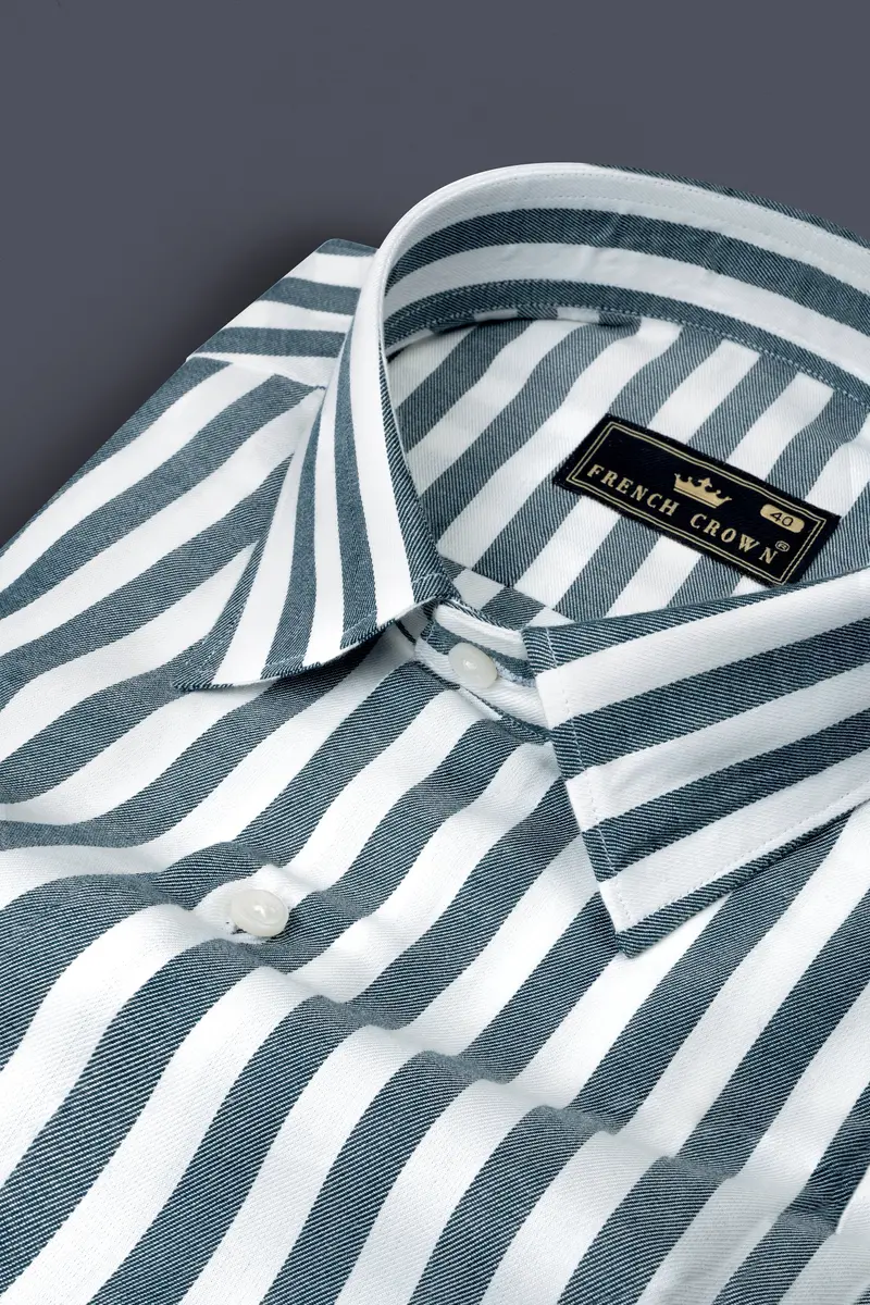 White With Mineral Gray Striped Twill Giza Cotton Shirt 1