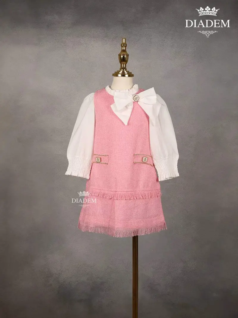 White With Pink Denim Cotton Frock With Attached Bow 1