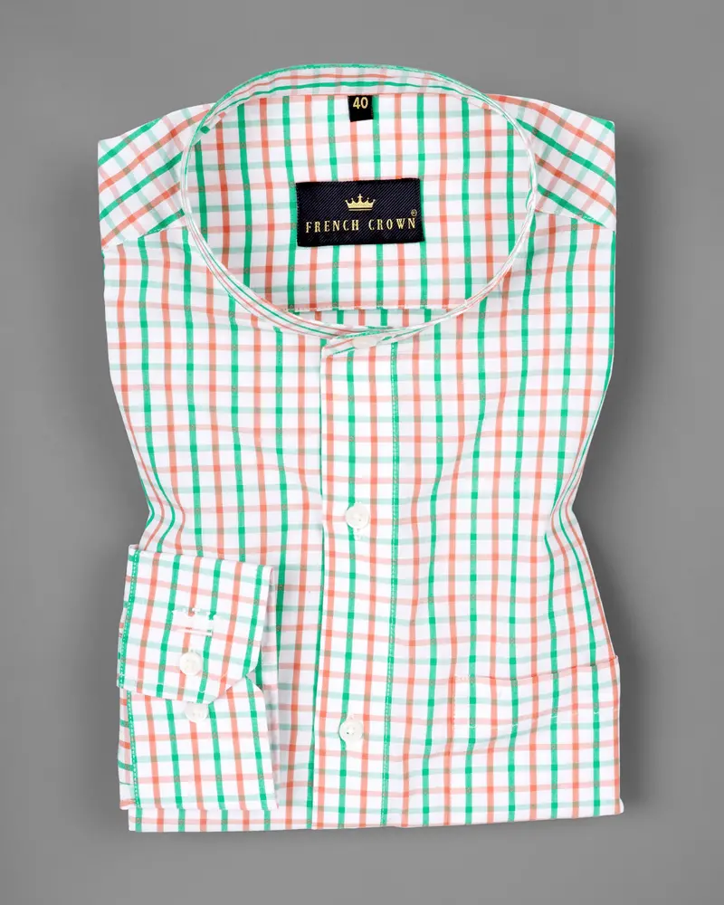 White With Saffron And Green Windowpane Premium Cotton Shirt 3