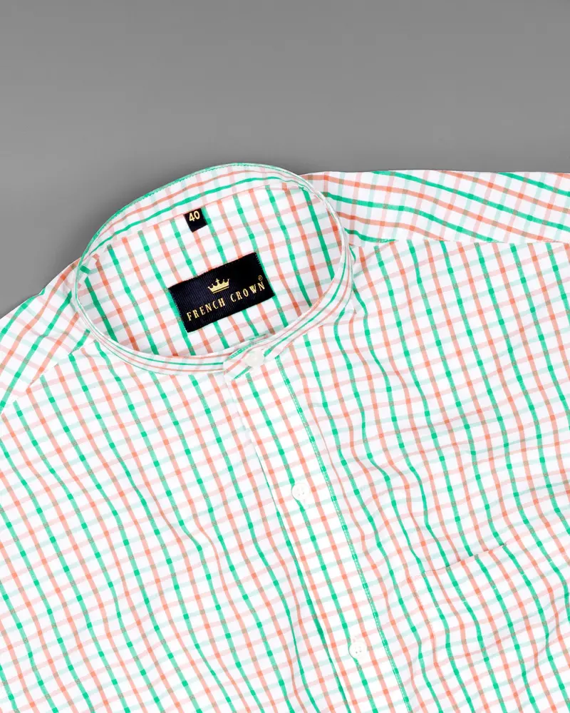 White With Saffron And Green Windowpane Premium Cotton Shirt 4
