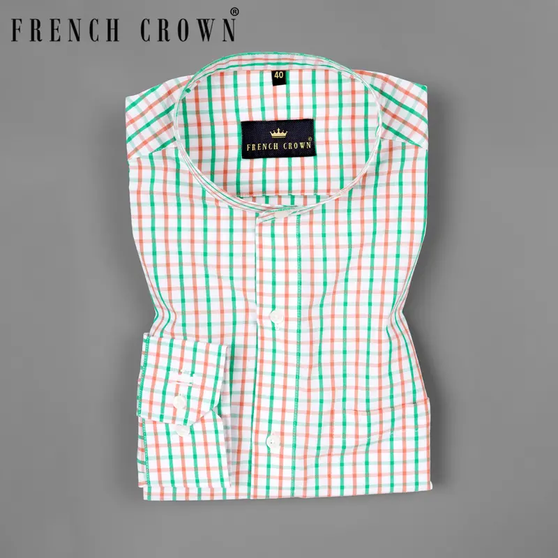 White With Saffron And Green Windowpane Premium Cotton Shirt 9