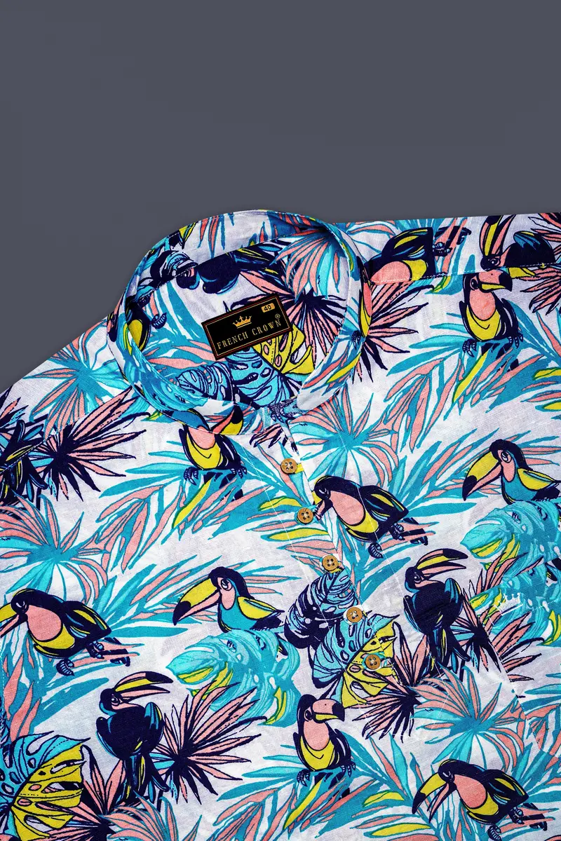 White With Tonal Blue Tropical Printed Luxurious Linen Kurta Shirt 5