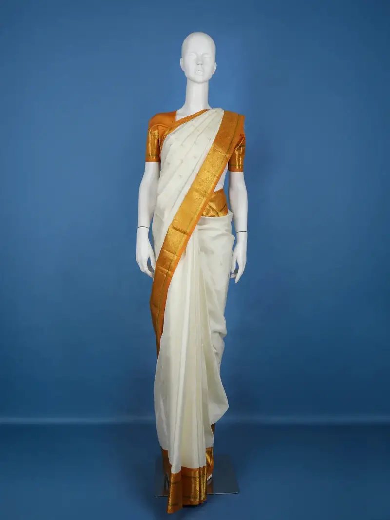 White Woven Mustard Gold Zari Border Kanchipuram Silk Saree 1