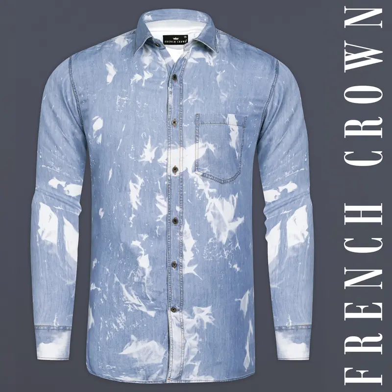 Wild Blue And Bright White Tie Dye Printed Super Soft Denim Premium Tencel Shirt 1