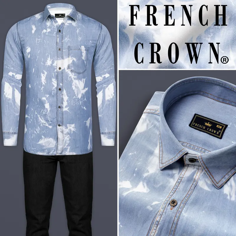 Wild Blue And Bright White Tie Dye Printed Super Soft Denim Premium Tencel Shirt 10