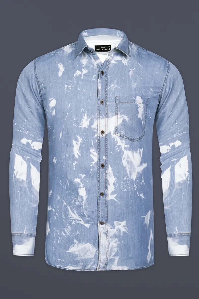 Wild Blue And Bright White Tie Dye Printed Super Soft Denim Premium Tencel Shirt 2