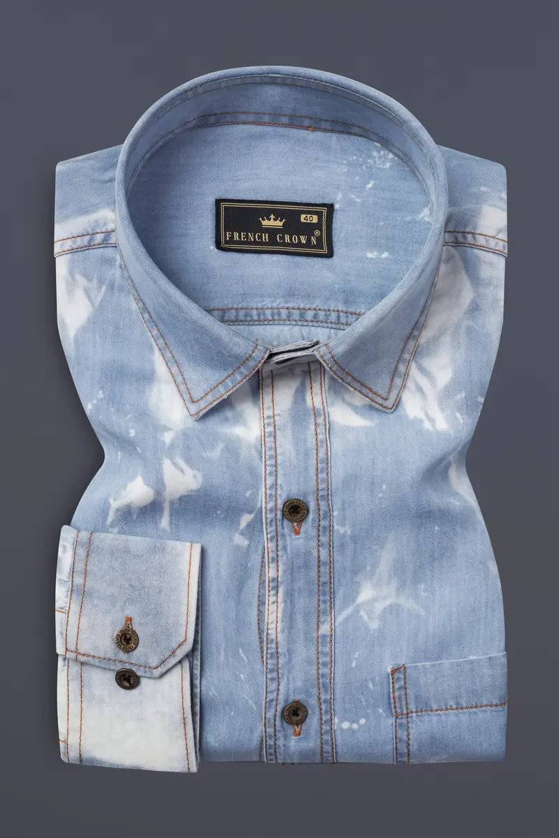 Wild Blue And Bright White Tie Dye Printed Super Soft Denim Premium Tencel Shirt 5