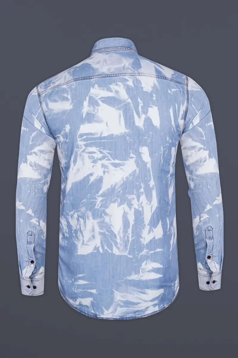 Wild Blue And Bright White Tie Dye Printed Super Soft Denim Premium Tencel Shirt 6