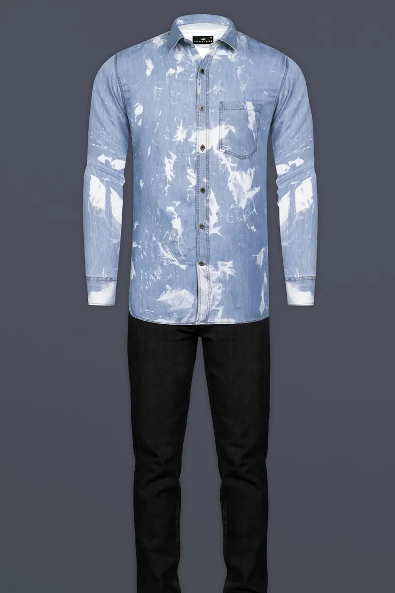 Wild Blue And Bright White Tie Dye Printed Super Soft Denim Premium Tencel Shirt 7