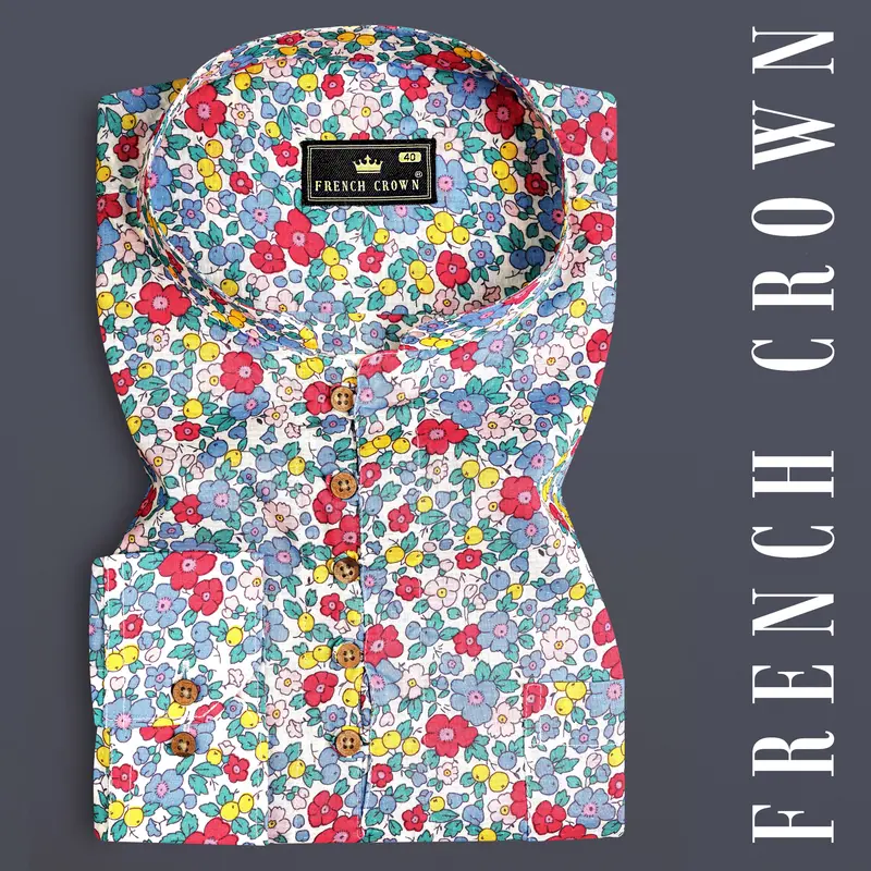 Wild Blue And Surfie Green Multicolour Flower Printed Dobby Textured Premium Giza Cotton Kurta Shirt 1