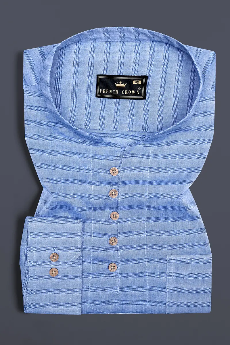 Wild Blue Horizontal Blue Shadow Striped Textured Dobby Kurta Shirt 2