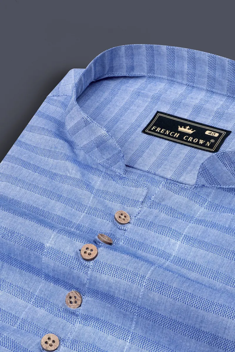 Wild Blue Horizontal Blue Shadow Striped Textured Dobby Kurta Shirt 4