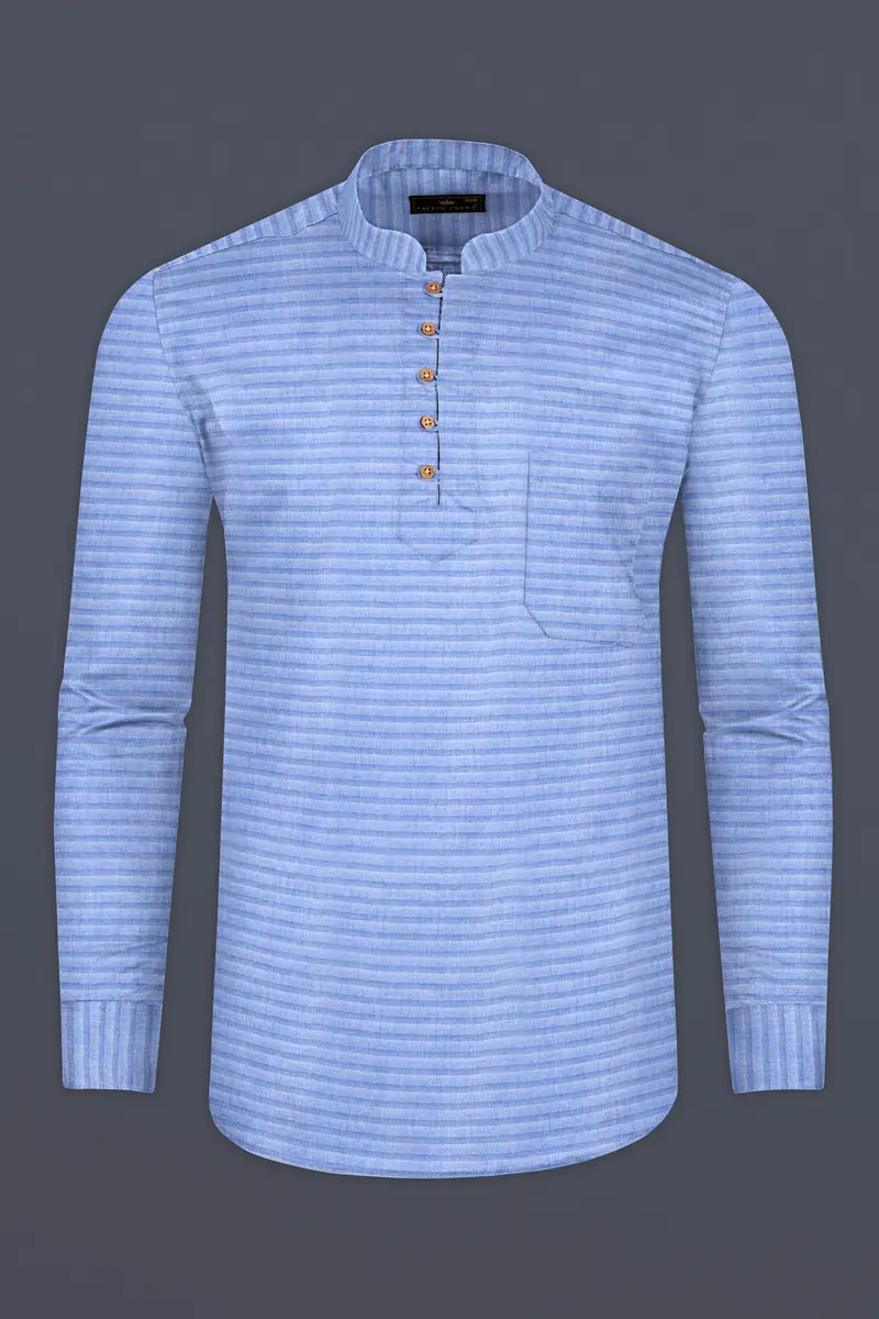 Wild Blue Horizontal Blue Shadow Striped Textured Dobby Kurta Shirt 5